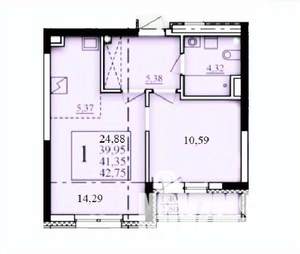 1-к квартира, строящийся дом, 41м2, 2/25 этаж