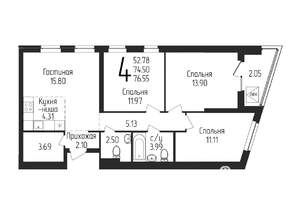 3-к квартира, строящийся дом, 77м2, 20/25 этаж