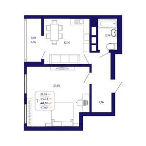 1-к квартира, вторичка, 46м2, 22/25 этаж