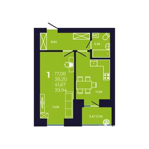 1-к квартира, строящийся дом, 40м2, 10/12 этаж