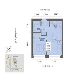 2-к квартира, вторичка, 45м2, 20/32 этаж