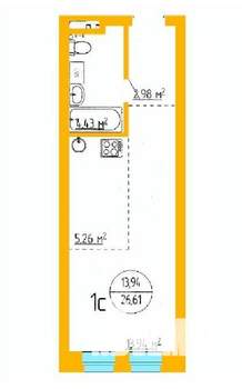 1-к квартира, строящийся дом, 27м2, 3/16 этаж