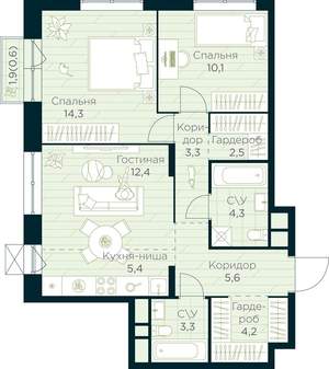 2-к квартира, строящийся дом, 66м2, 9/10 этаж