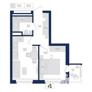 1-к квартира, вторичка, 33м2, 8/22 этаж