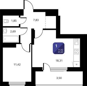 1-к квартира, вторичка, 46м2, 2/25 этаж