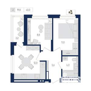 2-к квартира, вторичка, 43м2, 12/22 этаж