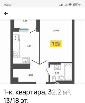 1-к квартира, вторичка, 32м2, 13/18 этаж