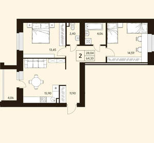 2-к квартира, вторичка, 64м2, 9/10 этаж
