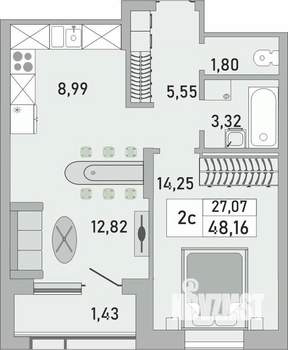 2-к квартира, строящийся дом, 48м2, 3/24 этаж