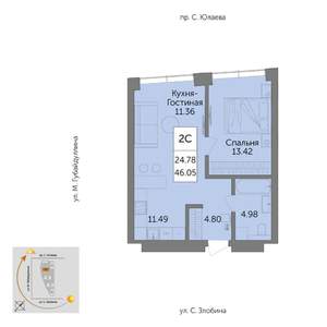 2-к квартира, вторичка, 46м2, 19/25 этаж