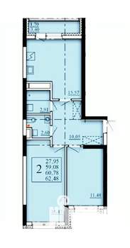 2-к квартира, строящийся дом, 61м2, 17/25 этаж