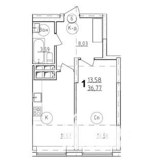 1-к квартира, строящийся дом, 36м2, 26/28 этаж
