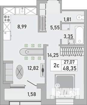 2-к квартира, строящийся дом, 48м2, 17/24 этаж