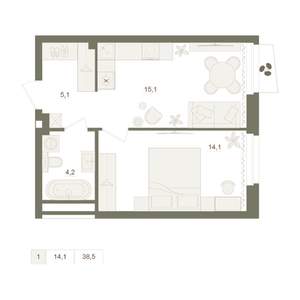 1-к квартира, вторичка, 39м2, 19/25 этаж