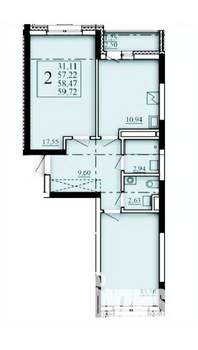 2-к квартира, строящийся дом, 58м2, 16/25 этаж