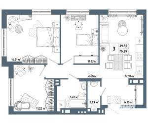 3-к квартира, строящийся дом, 76м2, 24/31 этаж