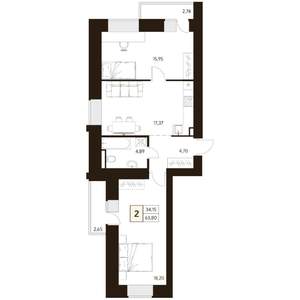 2-к квартира, строящийся дом, 64м2, 13/17 этаж