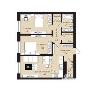 2-к квартира, вторичка, 74м2, 20/25 этаж