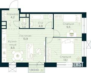 2-к квартира, вторичка, 56м2, 10/10 этаж