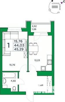 1-к квартира, вторичка, 44м2, 13/24 этаж
