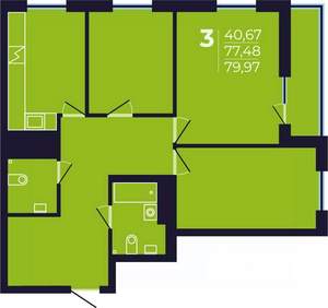 3-к квартира, строящийся дом, 80м2, 19/25 этаж