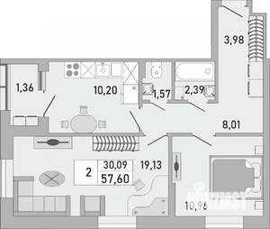 2-к квартира, строящийся дом, 58м2, 13/24 этаж