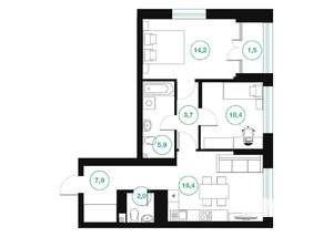 2-к квартира, строящийся дом, 62м2, 14/25 этаж