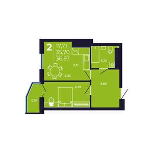 2-к квартира, строящийся дом, 37м2, 24/25 этаж