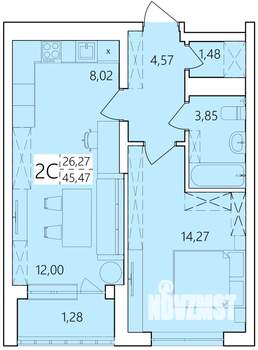 2-к квартира, вторичка, 45м2, 11/25 этаж