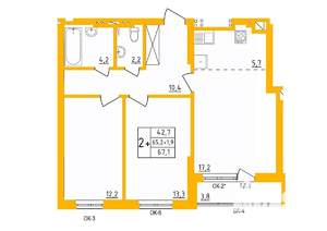2-к квартира, строящийся дом, 67м2, 27/27 этаж