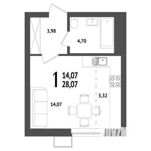 Студия квартира, вторичка, 28м2, 21/25 этаж