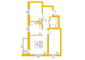 3-к квартира, строящийся дом, 58м2, 25/27 этаж