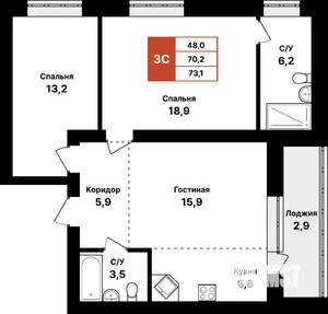 3-к квартира, вторичка, 73м2, 3/8 этаж
