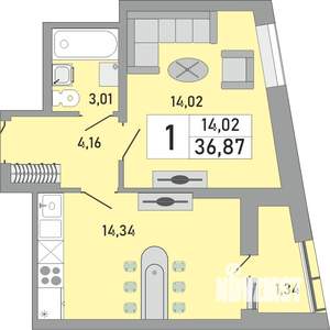 1-к квартира, строящийся дом, 37м2, 22/24 этаж