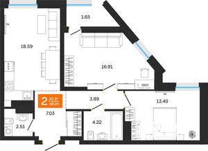 2-к квартира, вторичка, 68м2, 7/25 этаж