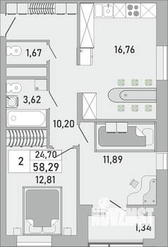 2-к квартира, строящийся дом, 58м2, 20/24 этаж