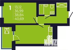 1-к квартира, строящийся дом, 39м2, 24/25 этаж