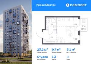 Студия квартира, вторичка, 23м2, 8/12 этаж