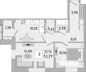 2-к квартира, строящийся дом, 53м2, 23/24 этаж