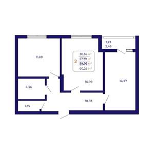 2-к квартира, строящийся дом, 59м2, 14/21 этаж