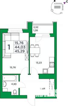 1-к квартира, вторичка, 44м2, 18/24 этаж