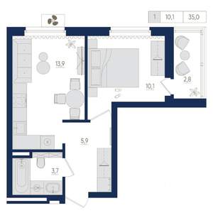 1-к квартира, вторичка, 35м2, 2/25 этаж