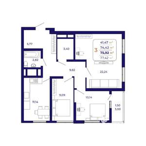 3-к квартира, вторичка, 76м2, 7/25 этаж