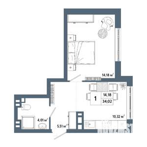 1-к квартира, строящийся дом, 34м2, 23/31 этаж