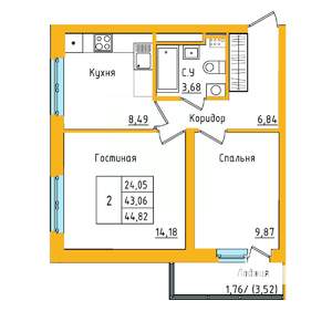 2-к квартира, строящийся дом, 45м2, 27/27 этаж