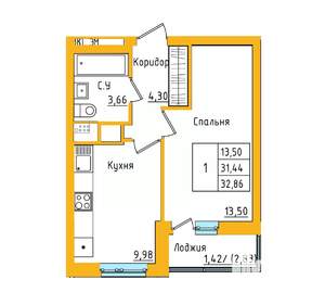 1-к квартира, строящийся дом, 33м2, 24/27 этаж