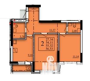 2-к квартира, строящийся дом, 55м2, 1/21 этаж