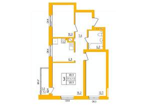 3-к квартира, строящийся дом, 59м2, 18/27 этаж