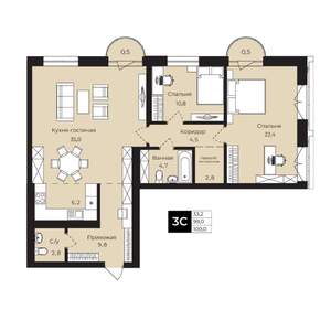 2-к квартира, вторичка, 100м2, 5/25 этаж