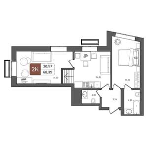 2-к квартира, строящийся дом, 68м2, 21/21 этаж